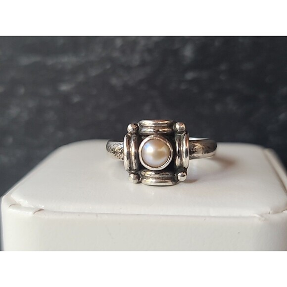 925 Sterling Silver Pearl Floral Square Shaped Ring Vintage, SIZE US 7.25 - Picture 3 of 10